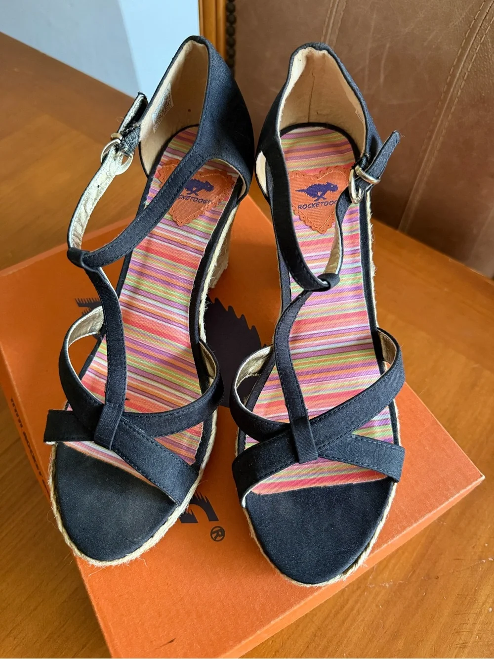 Rocket Dog Black Espadrille Wedge Sandals with Tan Rope Heel